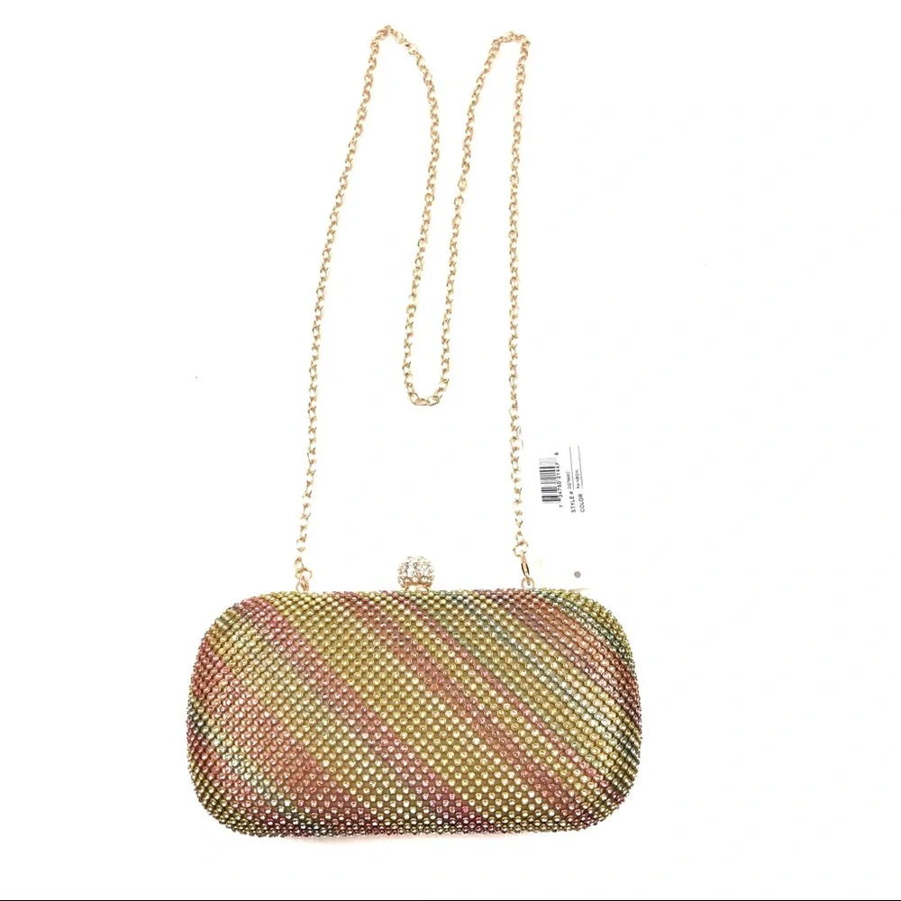 Alessia Gold & Colorful Rhinestone Oval Shaped Clutch With Gold Chain. NEW - Picture 5 of 6